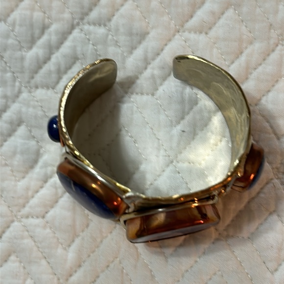 Gold/silver/copper tone artisan cuff bracelet with beautiful blue stones. - Picture 2 of 3